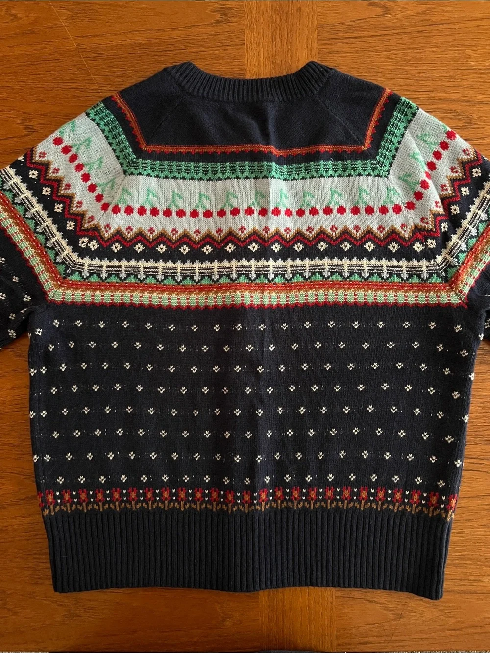 Women’s J. Crew Navy Fair Isle Crewneck Cardigan with Mint and Red Accents